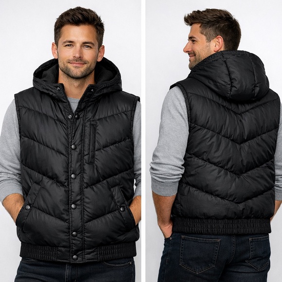 H&M LOGG Sport Black Puffer Vest – Size M – Hooded Quilted Winter Vest - Picture 1 of 4